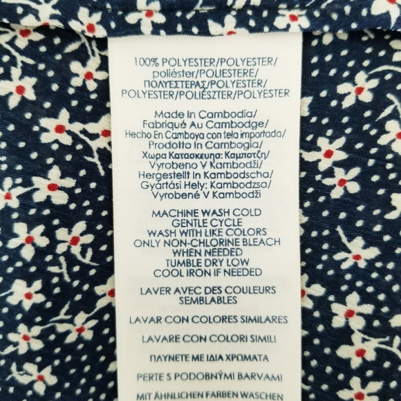 Chaps Navy Blue Floral Georgette Bell Sleeve Keyhole Peasant Blouse Large - Picture 6 of 6